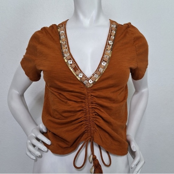 Shyanne Pecan Brown Embellished Western Equestrian Front Tie Tassel Top Size XL - Picture 11 of 12
